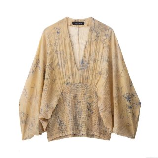 Women's V-Neck Smocked Waist Floral Printed Blouse Long Raglan Sleeve Pleated Chiffon Top Casual Streetwear Spring Autumn Beige Khaki Shirt