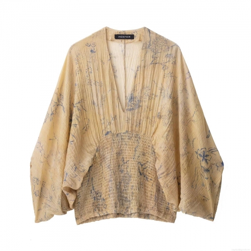 Women's V-Neck Smocked Waist Floral Printed Blouse Long Raglan Sleeve Pleated Chiffon Top Casual Streetwear Spring Autumn Beige Khaki Shirt