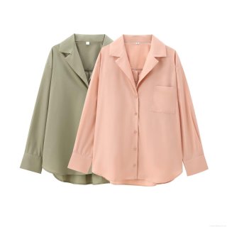 Women's Loose Long Sleeve Blouse Shirt Polyester Lapel Pocket Top Casual Streetwear Autumn Fashion Solid Color Single Breasted Button Down Office Lady Clothing