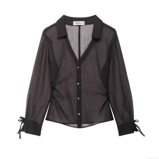 Women Sexy Black Sheer Mesh Blouse Long Sleeve Button Down Shirt With Bow Tie Cuffs Rhinestone Buttons Elegant Lapel Top For Party Daily Wear