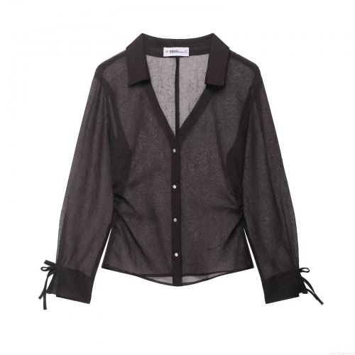 Women Sexy Black Sheer Mesh Blouse Long Sleeve Button Down Shirt With Bow Tie Cuffs Rhinestone Buttons Elegant Lapel Top For Party Daily Wear