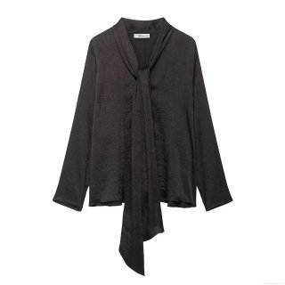 Women's Elegant Pleated Satin Blouse With Bow Tie Neck Loose Long Sleeve Solid Color Pullover Top For Autumn Streetwear Casual Work Party