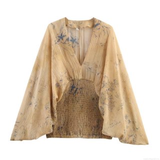 Women's V Neck Floral Print Blouse Chiffon Feel Batwing Sleeve Smocked Waist Pullover Top For Daily Vacation Autumn Bohemian Style Shirt