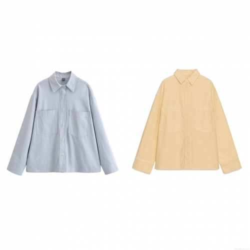 Women's Solid Color Long Sleeve Shirt Lapel Single Breasted Loose Blouse With Double Pockets Casual Streetwear Autumn Top