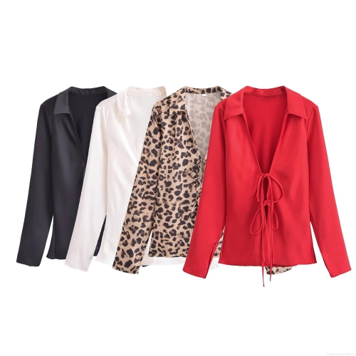 Women's Long Sleeve Satin Blouse Lapel Tie Front Shirt Elegant Solid Leopard Print Blouses Sexy Streetwear Casual Autumn Tops