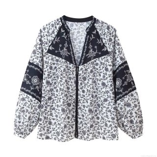 Women's V Neck Lantern Sleeve Floral Print Blouse Western Style Patchwork Long Sleeve Polyester Shirt Casual Streetwear Top