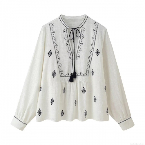 Women's Embroidery Tassel Tie-up Blouse Long Sleeve Polyester Shirt Casual V-Neck Top for Autumn Streetwear Fashion White