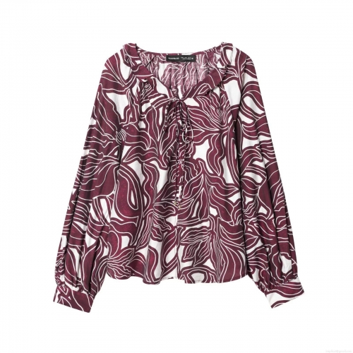 Women's Casual Long Sleeve Printed Blouse V-Neck Drawstring Tie Front Wine Red White Abstract Leaf Pattern Polyester Tops For Women Daily Wear Streetwear Style
