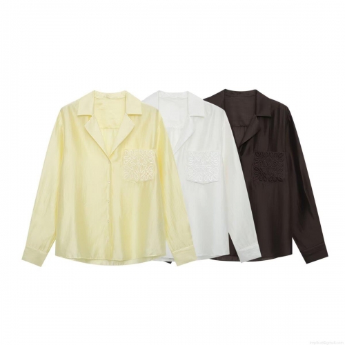 Women Long Sleeve Shirt Satin Polyester Embroidered Pocket Single Breasted Lapel Collar Loose Fit European Street Style Elegant Chic Blouse Top for Autumn Daily Wear