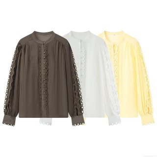 Women's Polyester Elegant Hollow Out Lace Trim Patchwork Blouse Round Neck Long Sleeve Single Breasted Casual Shirt Top for Women Autumn Streetwear