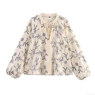 Women's Off White Embroidered Blouse Cotton Blend V Neck Lace Up Lantern Sleeve Shirt Vintage Floral Embroidery Long Sleeve Top