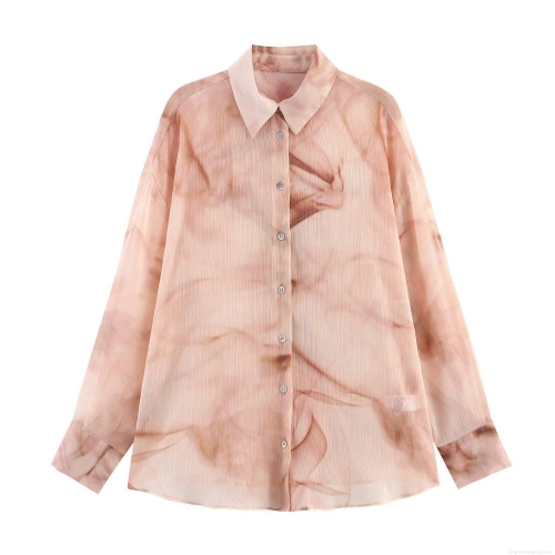 Women's Tie Dye Marble Print Long Sleeve Shirt Elegant Lapel Pleated Polyester Blouse With Pearl Luster Buttons Street Casual Tops