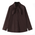 Women's Long Sleeve Tie-Neck Blouse Elegant Solid Coffee Brown Polyester Pussy-Bow Shirt Top for Office Lady Fall Fashion