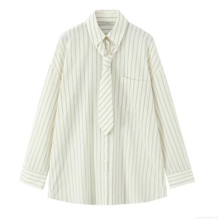 Women's Striped Long Sleeve Button Down Shirt With Tie Loose Casual Polyester Blouse Autumn Fashion Trendy Streetwear Oversized Lapel Top For Daily Work Wear