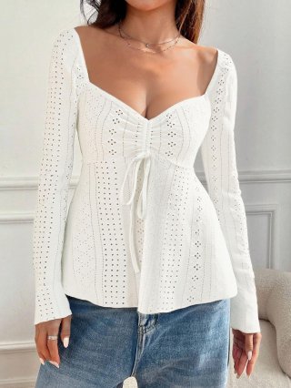 Elegant White Eyelet Embroidery Long Sleeve Top For Women Slim Fit Drawstring U-Neck Peplum Blouse For Spring Autumn French Style Shirts