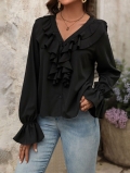 Women's Elegant V-Neck Ruffle Blouse Polyester Spandex Long Sleeve Solid Color Pleated Shirt For Office Daily Casual Wear French Style Chic Tops