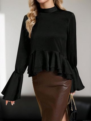 Elegant 100% Polyester Satin Blouse for Women Ruffle Hem Flare Bell Sleeve Bow Tie Mock Neck Top Casual Office Party Wear