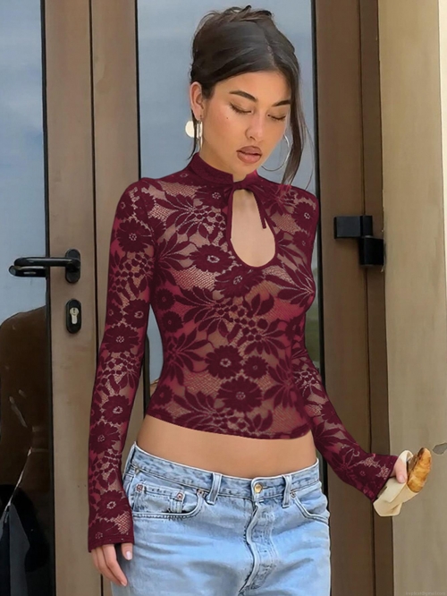 Sexy Floral Lace Long Sleeve Top For Women Transparent Hollow Out Mock Neck Tie-up Blouse Elegant Slim Fit Streetwear Party Clubwear Shirt