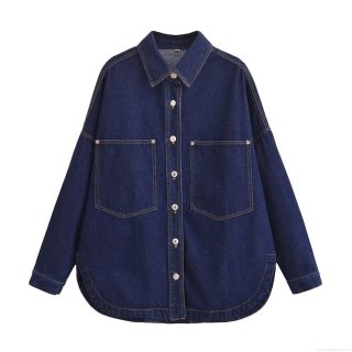 Women's Dark Blue Denim Style Shirt Jacket Long Sleeve Turn-Down Collar Single Breasted Blouse With Pockets Streetwear Casual Top