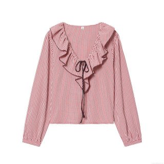 Women's Red White Gingham Plaid Polyester Blouse With Ruffle V-Neck And Lace Up Detail Long Sleeve Loose Fit Casual Streetwear Fall Tops