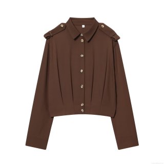 Women's Solid Color Polyester Pleated Shirt Top With Shoulder Straps Long Sleeve Cropped Button Up Blouse For Daily Streetwear