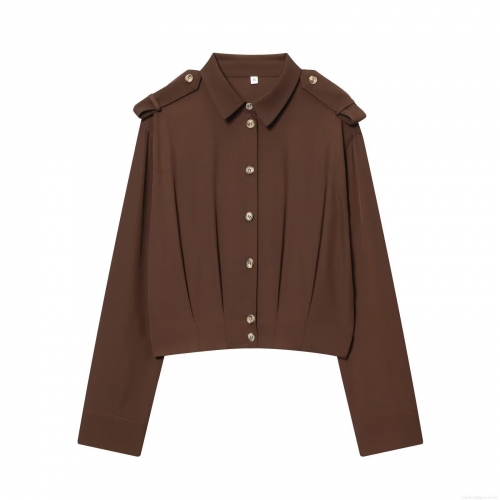 Women's Solid Color Polyester Pleated Shirt Top With Shoulder Straps Long Sleeve Cropped Button Up Blouse For Daily Streetwear