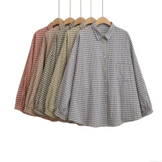 Women's Casual Plaid Shirt Western Style Loose Fit Long Sleeve Button Down Blouse With Pocket Polyester Streetwear Top