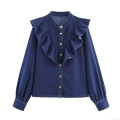Women's European Style Ruffle Long Sleeve Denim Shirt Casual Dark Blue Cotton Blend Blouse Top With Heart Shaped Metal Buttons