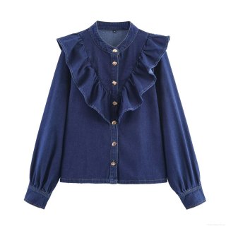 Women's European Style Ruffle Long Sleeve Denim Shirt Casual Dark Blue Cotton Blend Blouse Top With Heart Shaped Metal Buttons