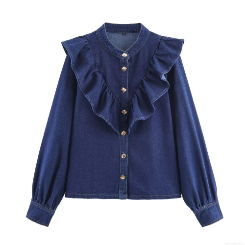 Women's European Style Ruffle Long Sleeve Denim Shirt Casual Dark Blue Cotton Blend Blouse Top With Heart Shaped Metal Buttons