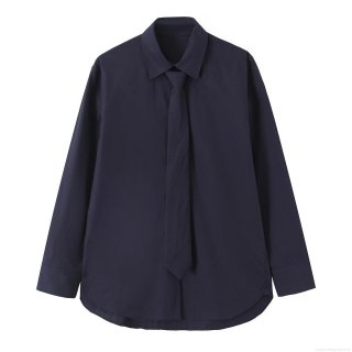 Women's Long Sleeve Poplin Shirt With Tie European Streetwear Polyester Button Down Office Blouse Solid Navy Blue Fall Winter