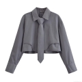 Women's Cropped Long Sleeve Shirt With Matching Tie Dark Grey Polyester Button Down Blouse Streetwear Casual Autumn Winter Top For Women Fashion Trendy Outfits