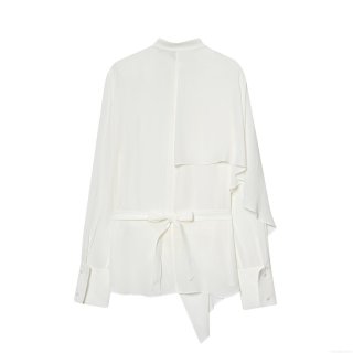 Women's Elegant Asymmetric White Blouse Long Sleeve Round Neck Silky Polyester Shirt With Back Tie Bow Irregular Design Casual Streetwear Top