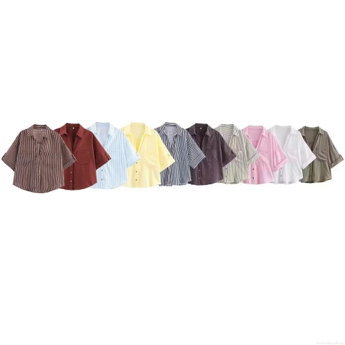 Women's Loose Casual Linen Blend Button Down Shirt Short Sleeve Rolled Cuff Blouse With Dual Pockets Fashion Solid Color Striped Tops For Summer Streetwear