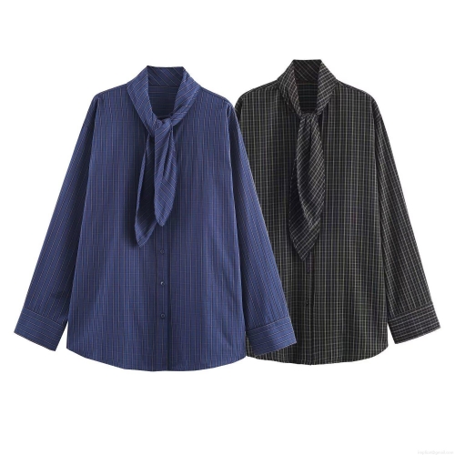 Women's Scarf Tie Neck Plaid Striped Shirt Long Sleeve Loose Poplin Blouse Casual Streetwear Office Top