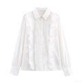 Women White Long Sleeve Blouse Ruffle Beaded Lapel Shirt With Metal Chain Elegant Office Work Top European Fashion Spring Streetwear Casual Shirt