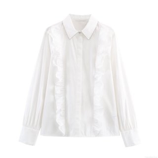 Women White Long Sleeve Blouse Ruffle Beaded Lapel Shirt With Metal Chain Elegant Office Work Top European Fashion Spring Streetwear Casual Shirt