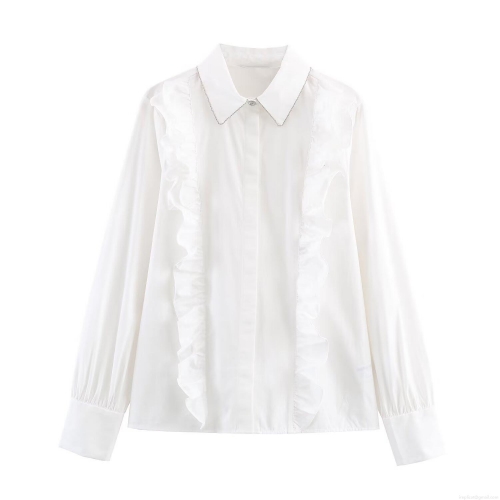 Women White Long Sleeve Blouse Ruffle Beaded Lapel Shirt With Metal Chain Elegant Office Work Top European Fashion Spring Streetwear Casual Shirt