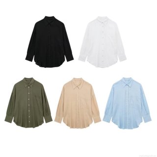 Women's Casual Cotton Linen Long Sleeve Shirt Loose Fit Lapel Button Down Blouse With Pocket Solid Color Streetwear Tops For Daily Commuting