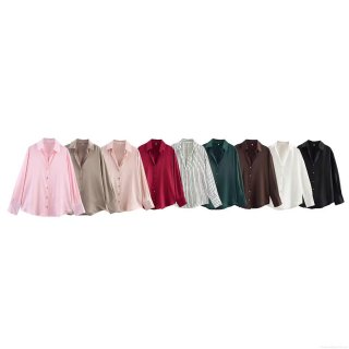 Women's Silky Polyester Satin Long Sleeve Shirt Button Down Lapel Collar Blouse For Office Casual Streetwear Solid Color Striped Tops