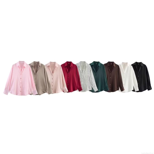 Women's Silky Polyester Satin Long Sleeve Shirt Button Down Lapel Collar Blouse For Office Casual Streetwear Solid Color Striped Tops