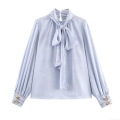 Elegant Women Jacquard Silk Satin Blouse Bow Tie Neck Long Sleeve Shirt Floral Pattern Solid Light Blue Top For Office Work Party Streetwear Lady