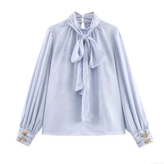 Elegant Women Jacquard Silk Satin Blouse Bow Tie Neck Long Sleeve Shirt Floral Pattern Solid Light Blue Top For Office Work Party Streetwear Lady