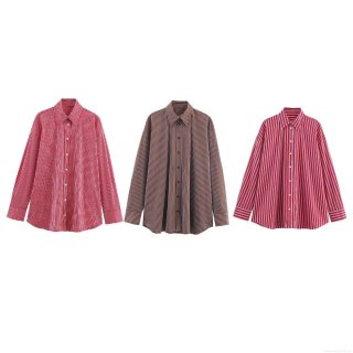 Women's Loose Long Sleeve Striped Plaid Shirt Casual Lapel Polyester Button Down Blouse Top For Daily Streetwear