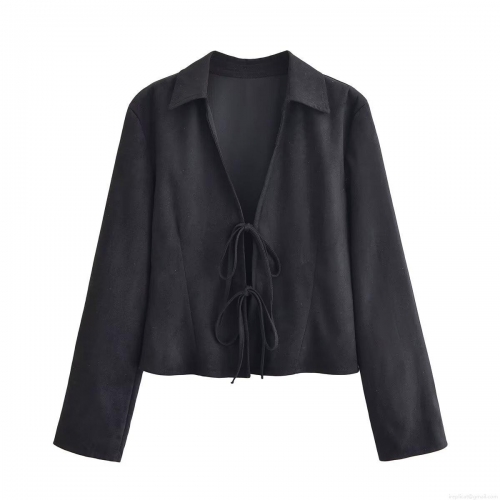 Women's Long Sleeve Shirt Polyester Suede Lace-up Lapel Collar Top Solid Color Street Style Casual Blouse For Daily Wear Autumn Spring