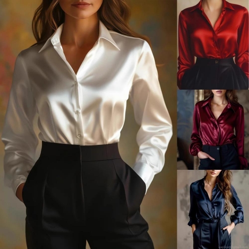 Women's Satin Long Sleeve Shirt Elegant Silk-like Button Down Blouse Casual Office Commute Solid Color Slim Fit Fashionable Versatile Fall Top