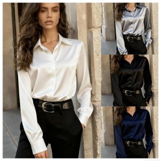 Women's Satin Shirt Elegant Long Sleeve Lapel Button Down Silk Texture Blouse Office Commuting Professional Solid Color Top For Ladies