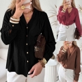 Women's Casual Elegant V-Neck Ruffle Trim Long Sleeve Blouse Woven Polyester Spandex Solid Color Button Down Shirt For Office Daily Wear Fashion Top