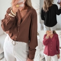 Women Plus Size Elegant Solid Color Blouse V-Neck Ruffle Wood Ear Collar Long Sleeve Woven Top With Gold Buttons For Daily Office Commuting