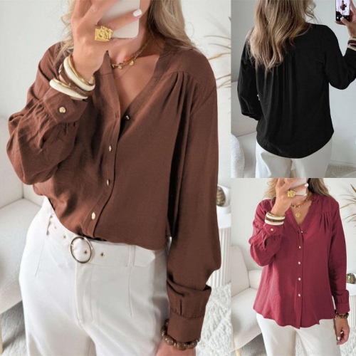 Women Plus Size Elegant Solid Color Blouse V-Neck Ruffle Wood Ear Collar Long Sleeve Woven Top With Gold Buttons For Daily Office Commuting